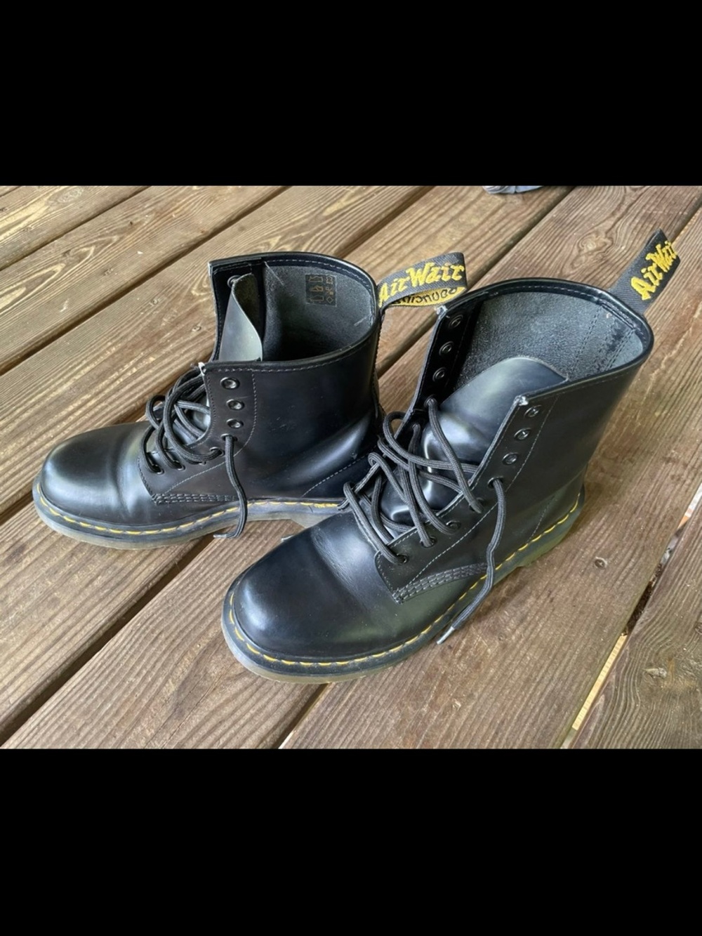 Dr. Martens Black Leather Lace-Up Combat Boots with Yellow Stitching